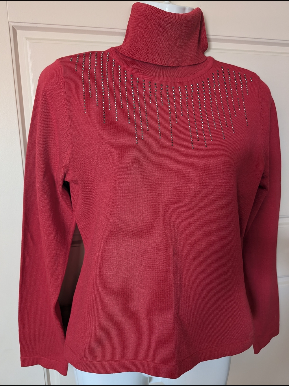 Cable & Gauge Red Turtleneck Sweater with Rhinestone Detail